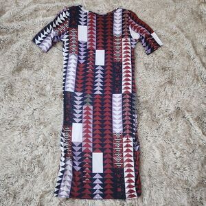 Lularoe Julia Stretchy Bodycon Midi Dress Purple and Red Geometric Print Small‎